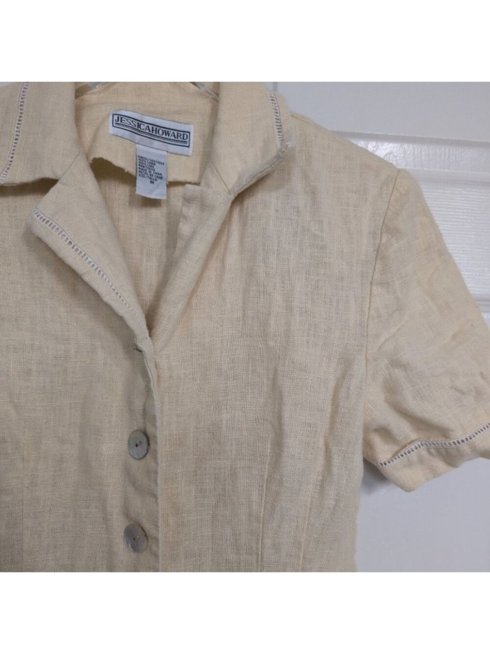 Vintage 100% Linen Midi Shirt Dress Womens Size Medium Yellow Minimalist Cottage - Picture 3 of 14